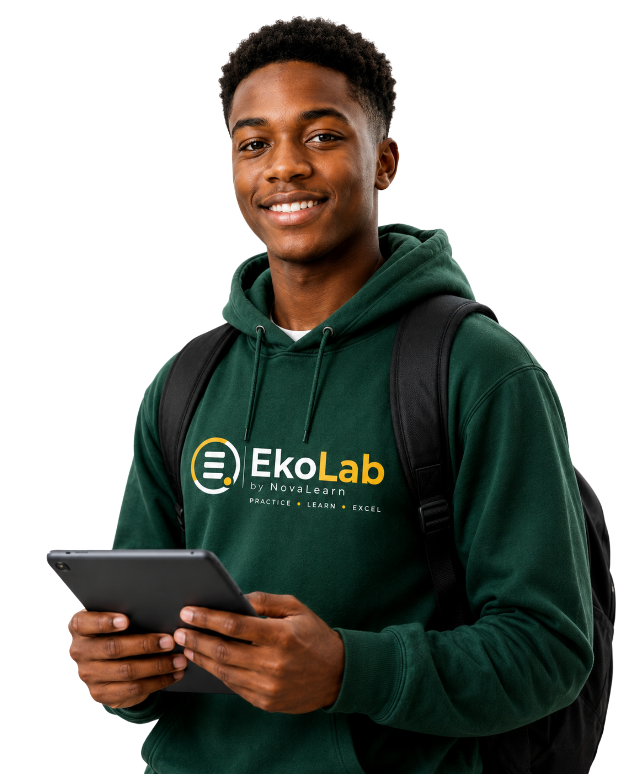 A smiling EkoLab student preparing for JAMB with a tablet